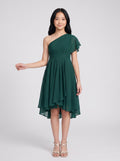 Emerald Chiffon A-Line One Shoulder Side Zip Knee-Length Dress with Pleated Bodice