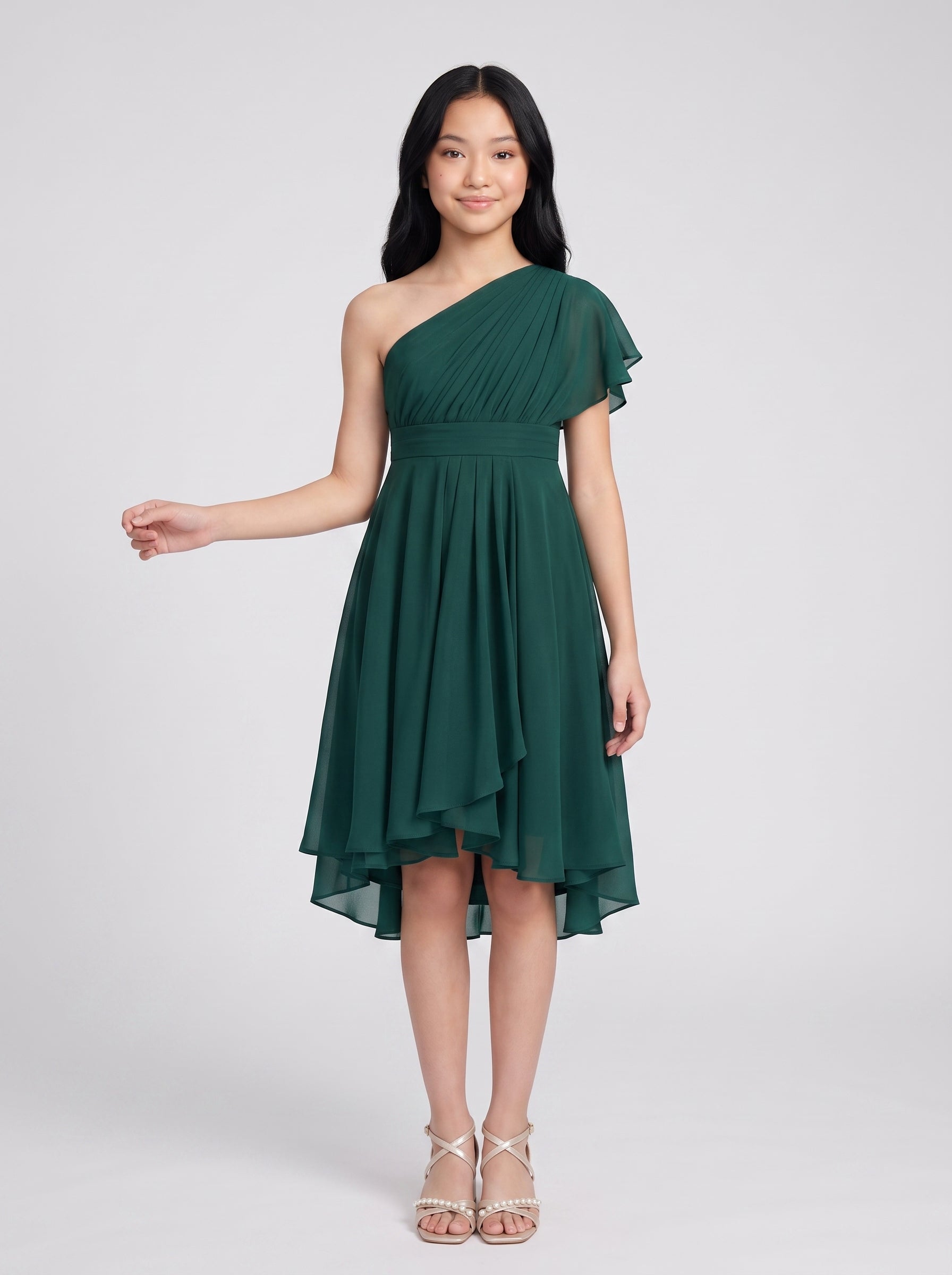 Emerald Chiffon A-Line One Shoulder Side Zip Knee-Length Dress with Pleated Bodice