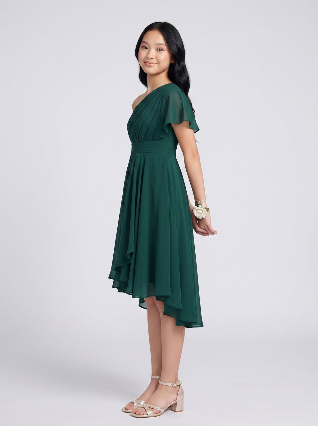 Emerald Chiffon A-Line One Shoulder Side Zip Knee-Length Dress with Pleated Bodice