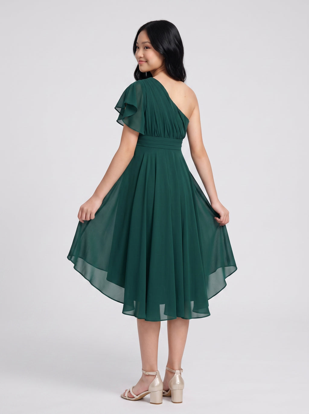 Emerald Chiffon A-Line One Shoulder Side Zip Knee-Length Dress with Pleated Bodice
