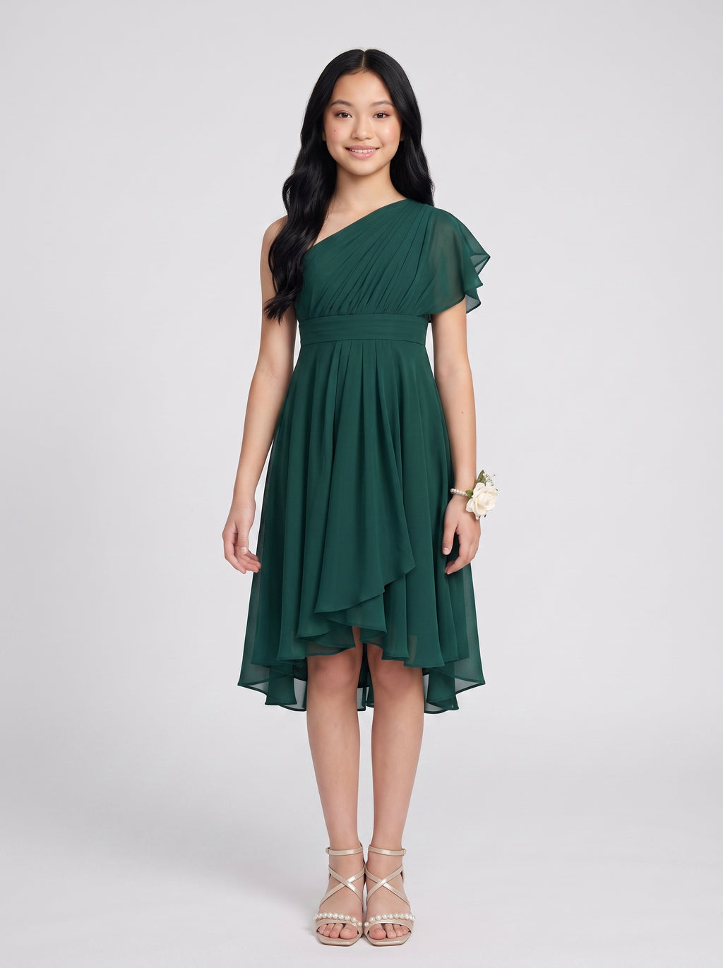 Emerald Chiffon A-Line One Shoulder Side Zip Knee-Length Dress with Pleated Bodice
