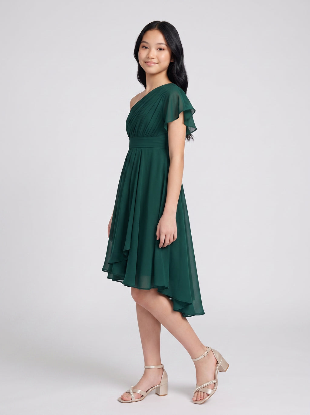 Emerald Chiffon A-Line One Shoulder Side Zip Knee-Length Dress with Pleated Bodice