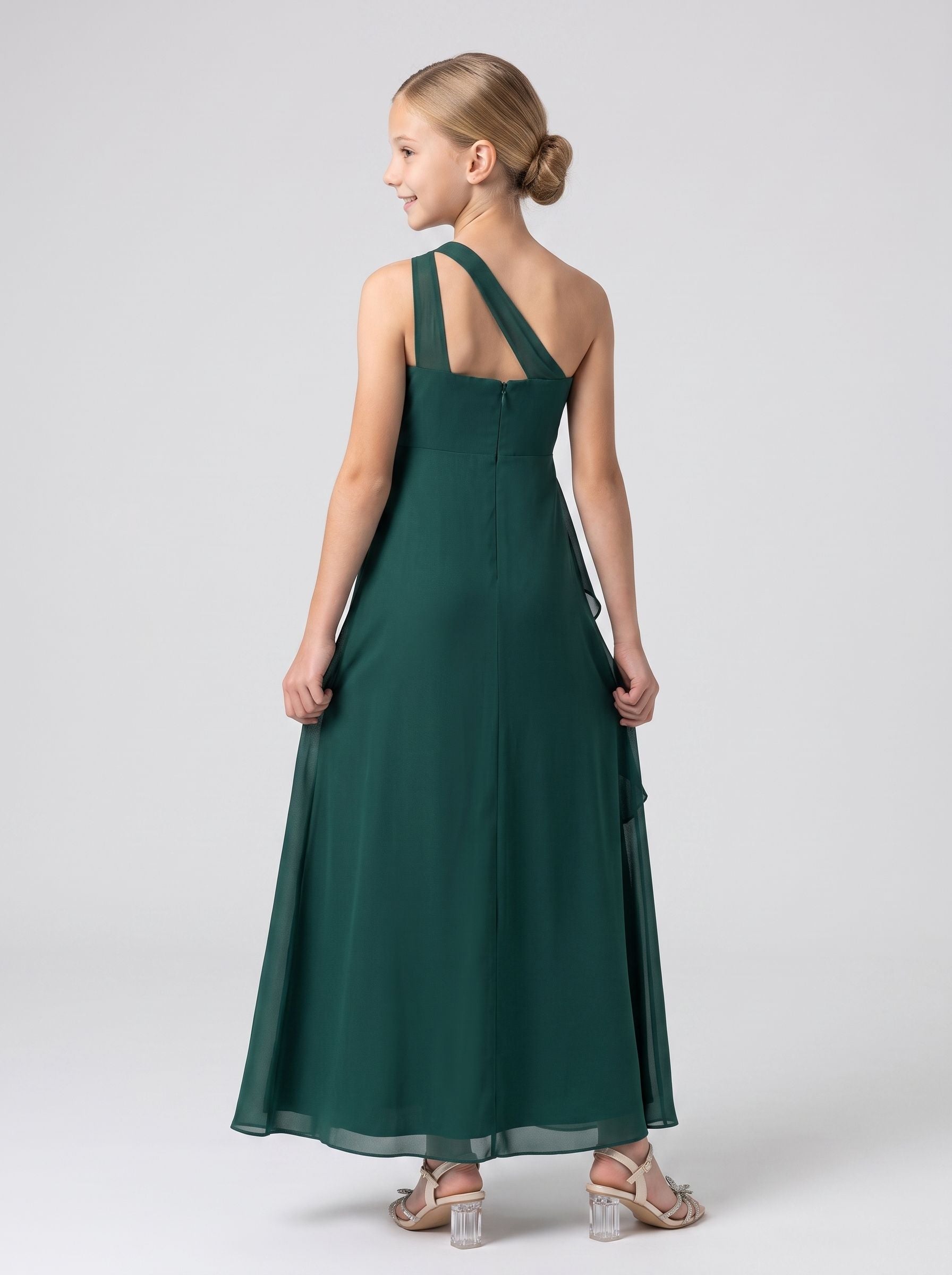 Emerald Chiffon Sheath One Shoulder Back Zip Floor-Length Dress with Pleated Bodice