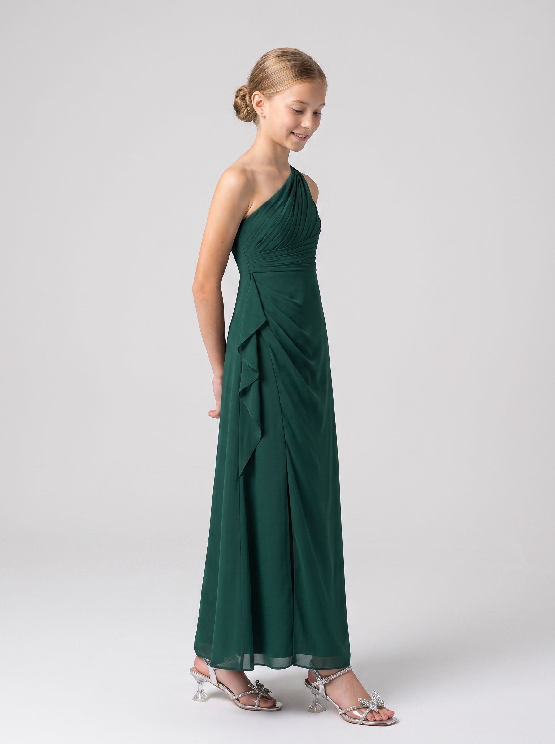 Emerald Chiffon Sheath One Shoulder Back Zip Floor-Length Dress with Pleated Bodice