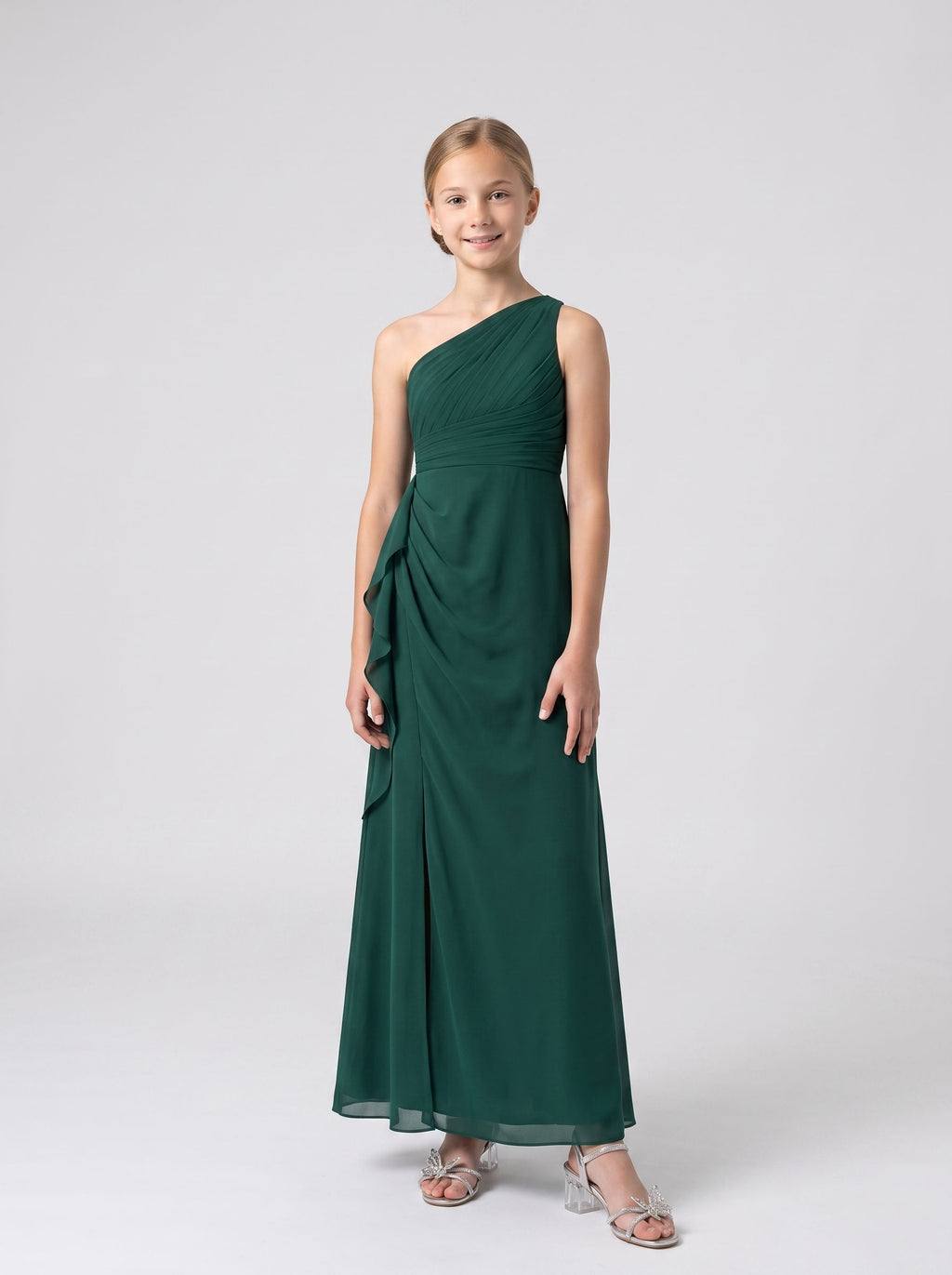 Emerald Chiffon Sheath One Shoulder Back Zip Floor-Length Dress with Pleated Bodice