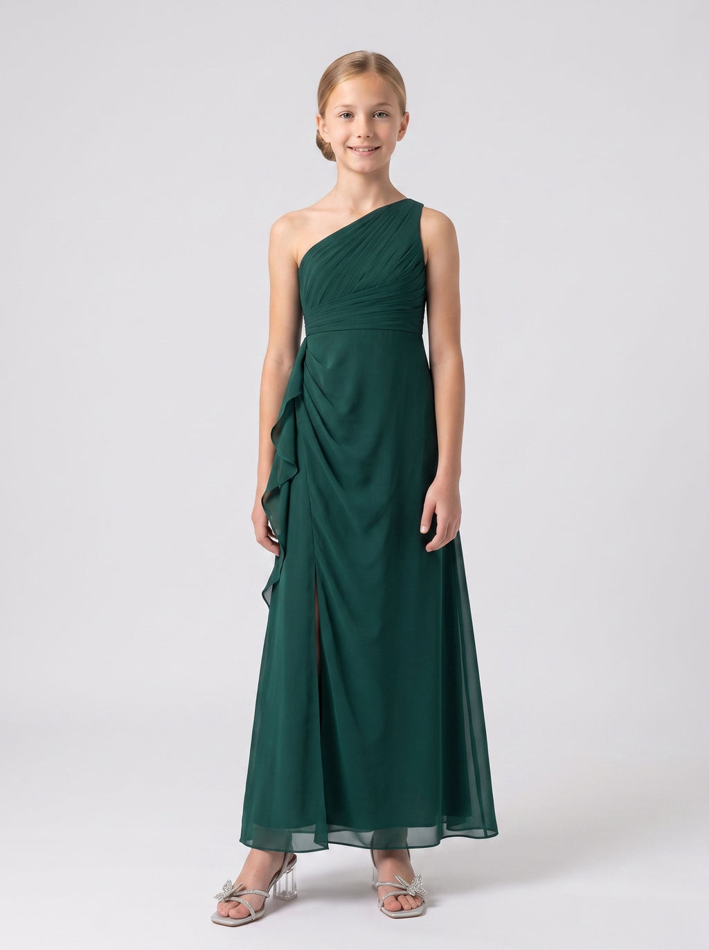 Emerald Chiffon Sheath One Shoulder Back Zip Floor-Length Dress with Pleated Bodice