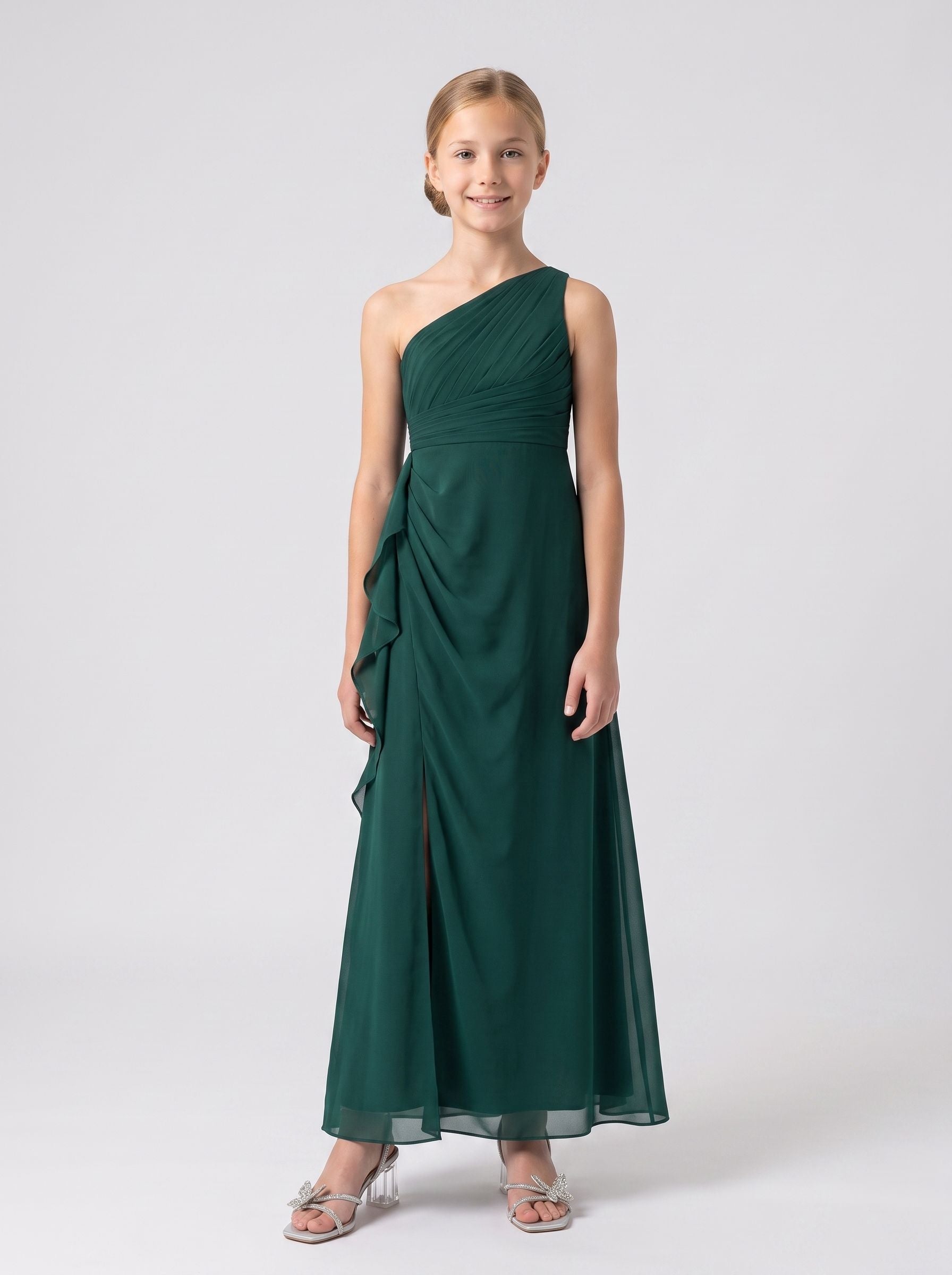 Emerald Chiffon Sheath One Shoulder Back Zip Floor-Length Dress with Pleated Bodice
