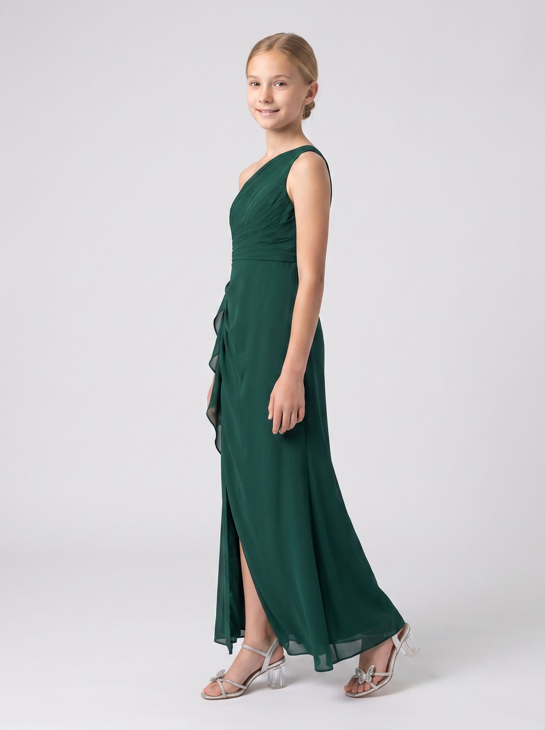 Emerald Chiffon Sheath One Shoulder Back Zip Floor-Length Dress with Pleated Bodice