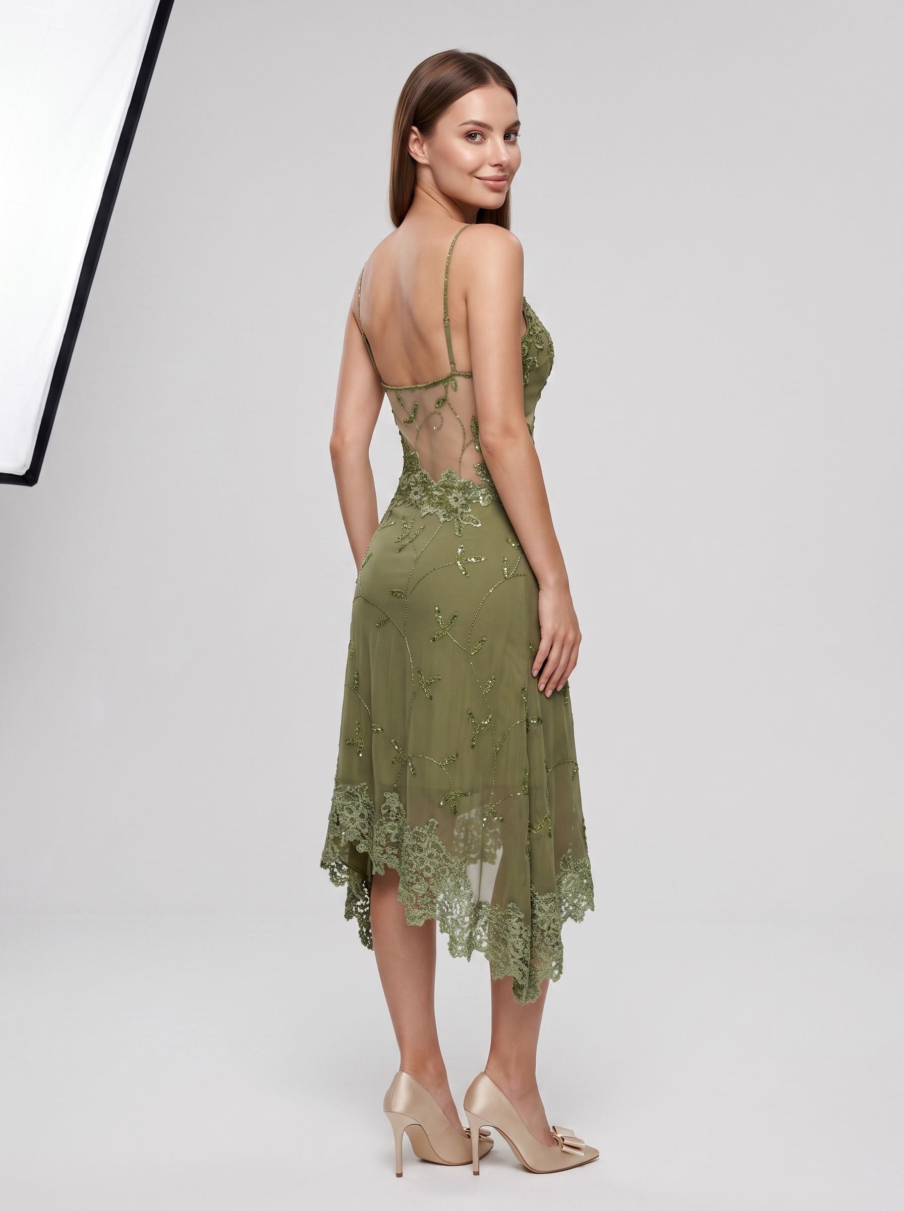 Green Lace A-Line V-Neck Backless Short Dress with Sequins