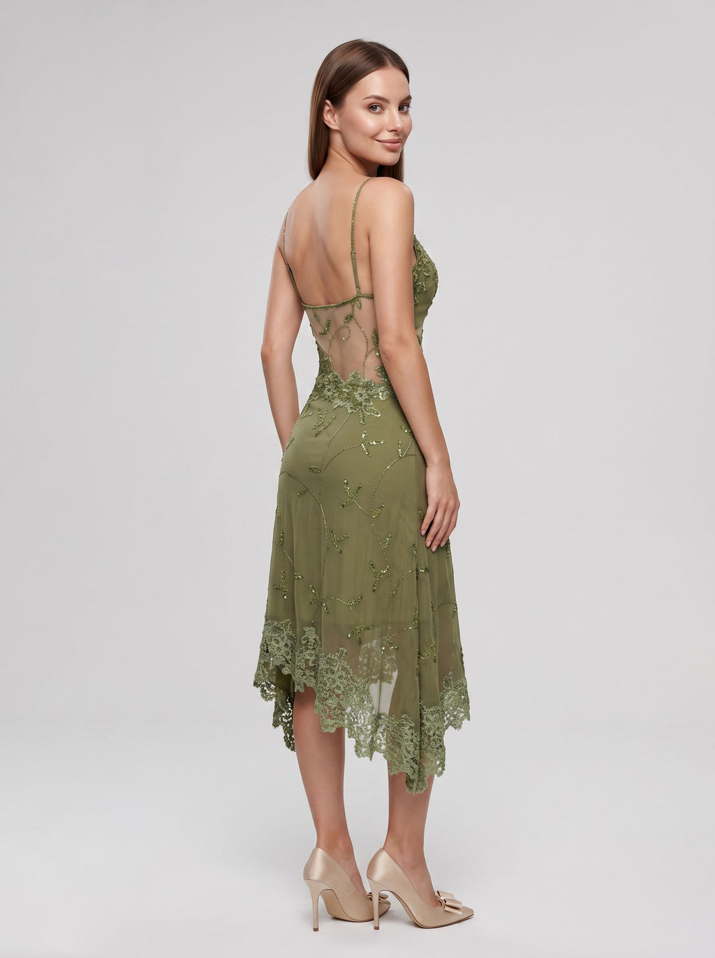 Green Lace A-Line V-Neck Backless Short Dress with Sequins