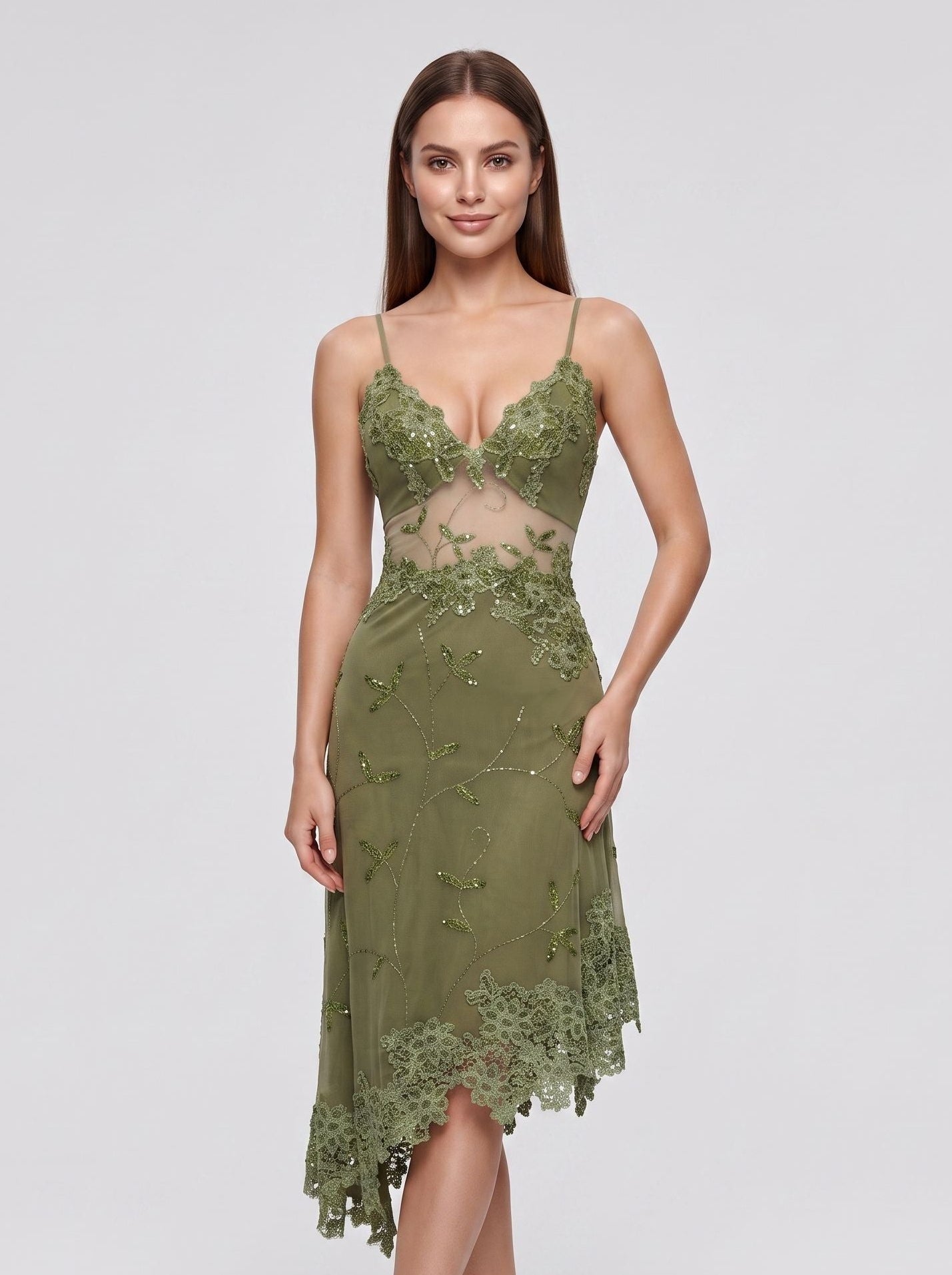 Green Lace A-Line V-Neck Backless Short Dress with Sequins