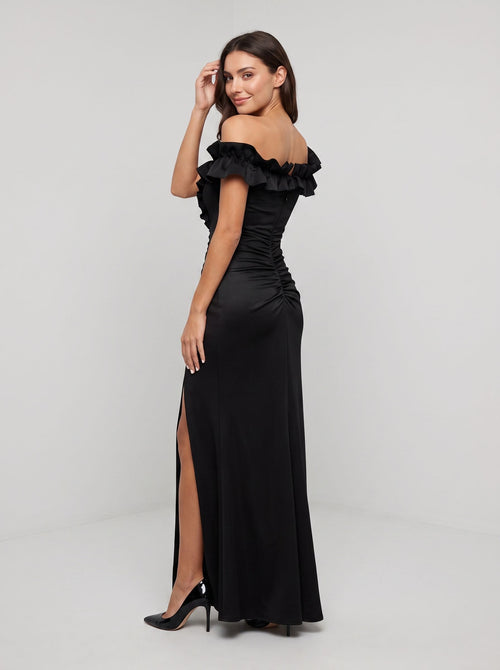 Black Satin Sheath Off-the-Shoulder Back Zip Floor-Length Dress with Cascading Ruffles