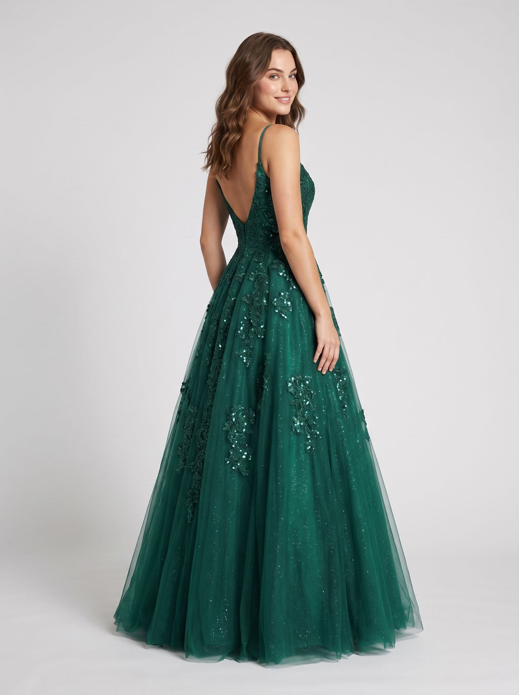 Emerald Green Glitter Tulle A-Line Straight Neck V-Back Floor-Length Dress with Sequin-embroidered Corset