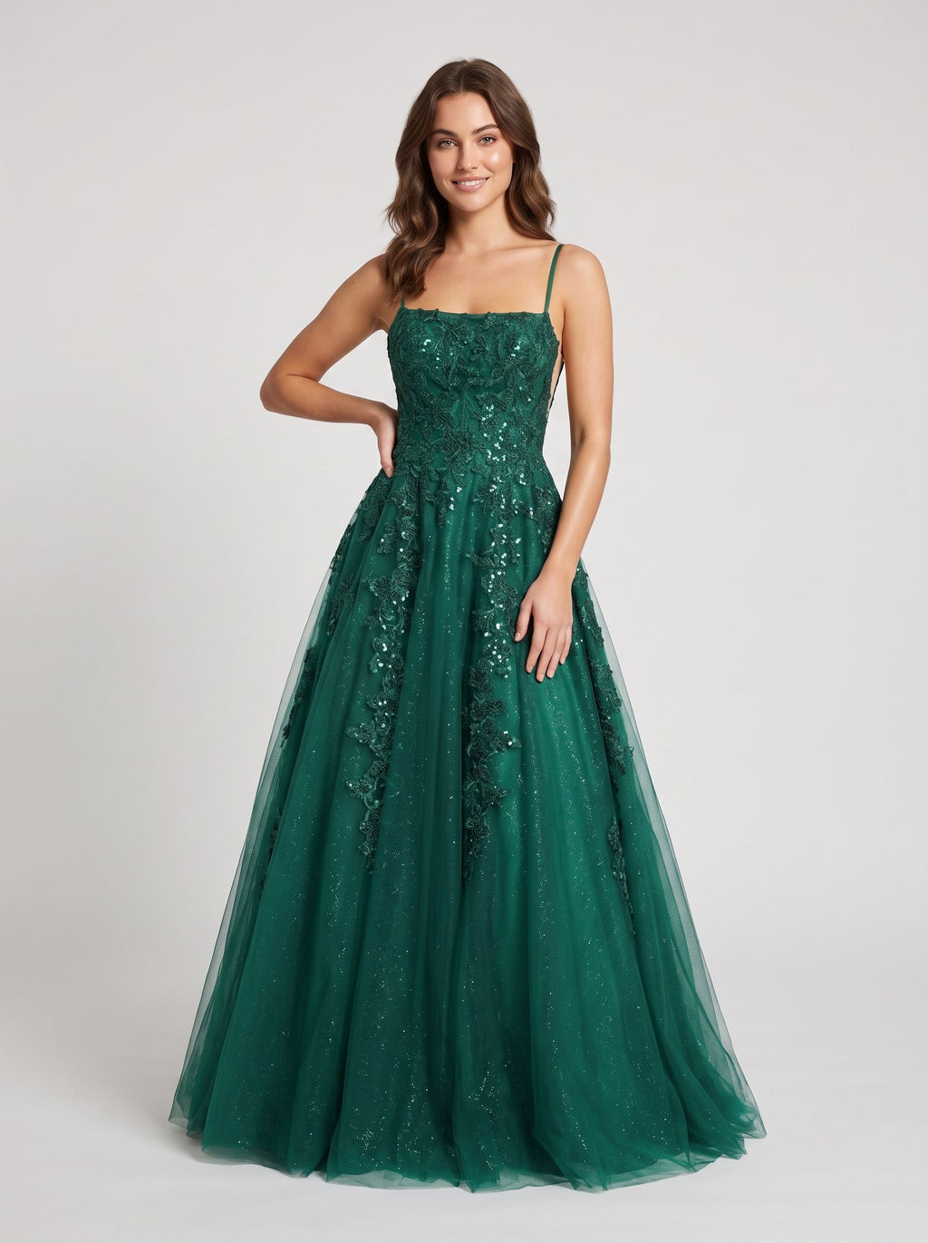 Emerald Green Glitter Tulle A-Line Straight Neck V-Back Floor-Length Dress with Sequin-embroidered Corset