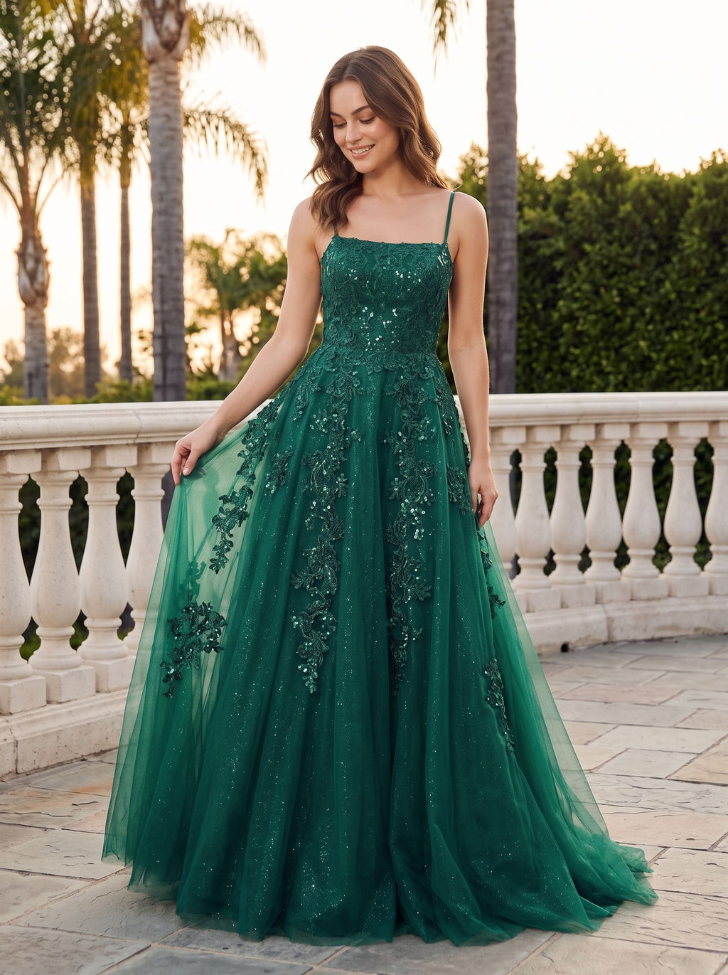 Emerald Green Glitter Tulle A-Line Straight Neck V-Back Floor-Length Dress with Sequin-embroidered Corset