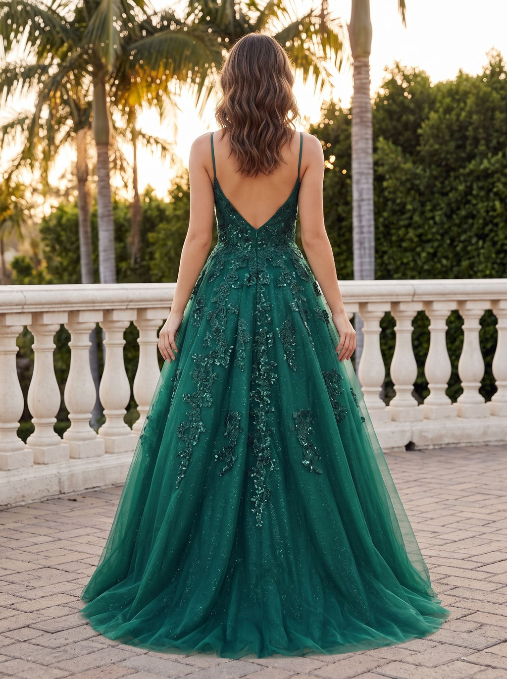 Emerald Green Glitter Tulle A-Line Straight Neck V-Back Floor-Length Dress with Sequin-embroidered Corset