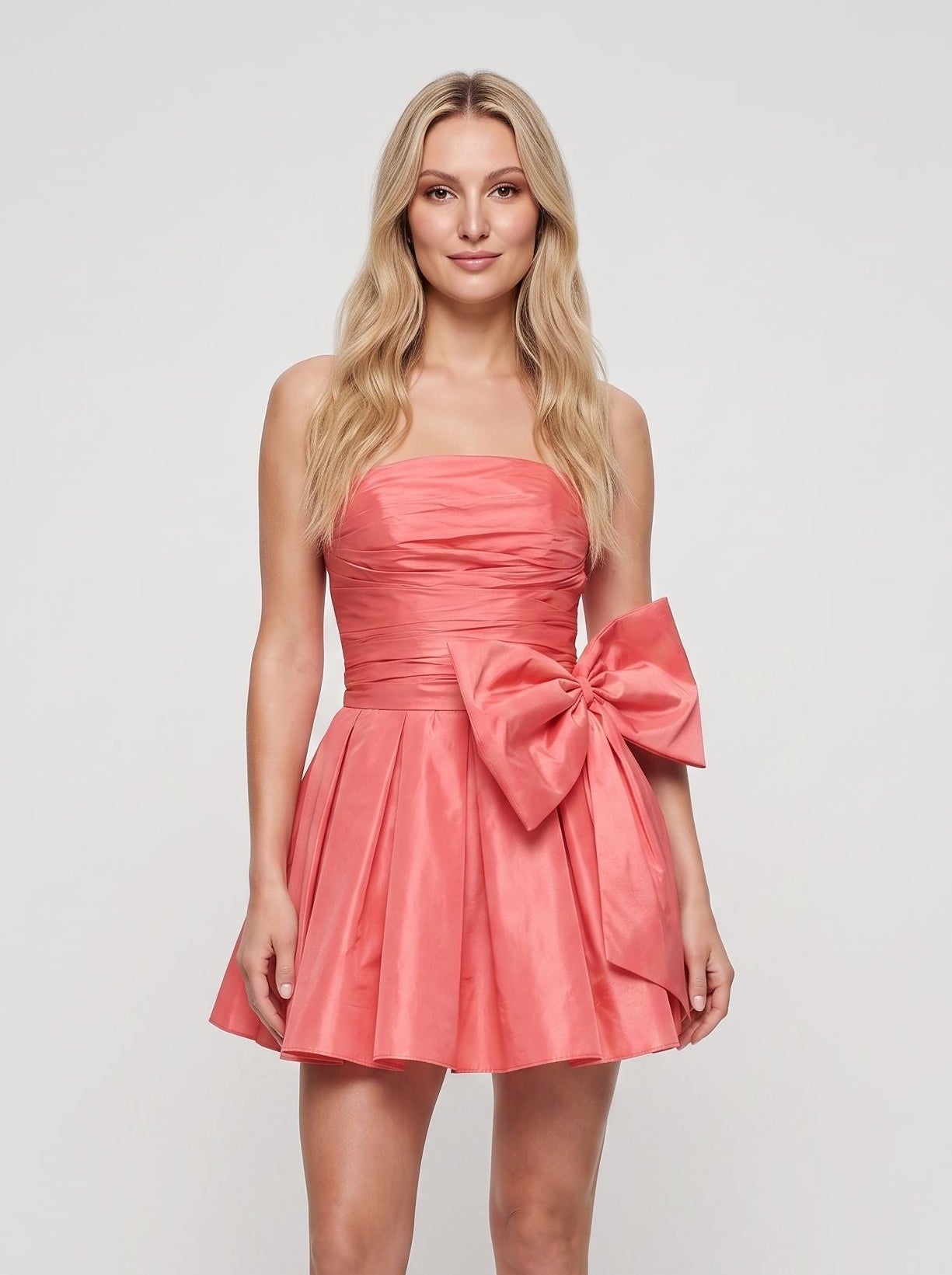 Coral Satin A-Line Straight Neck Back Zip Short Dress with Oversized Waist Bow