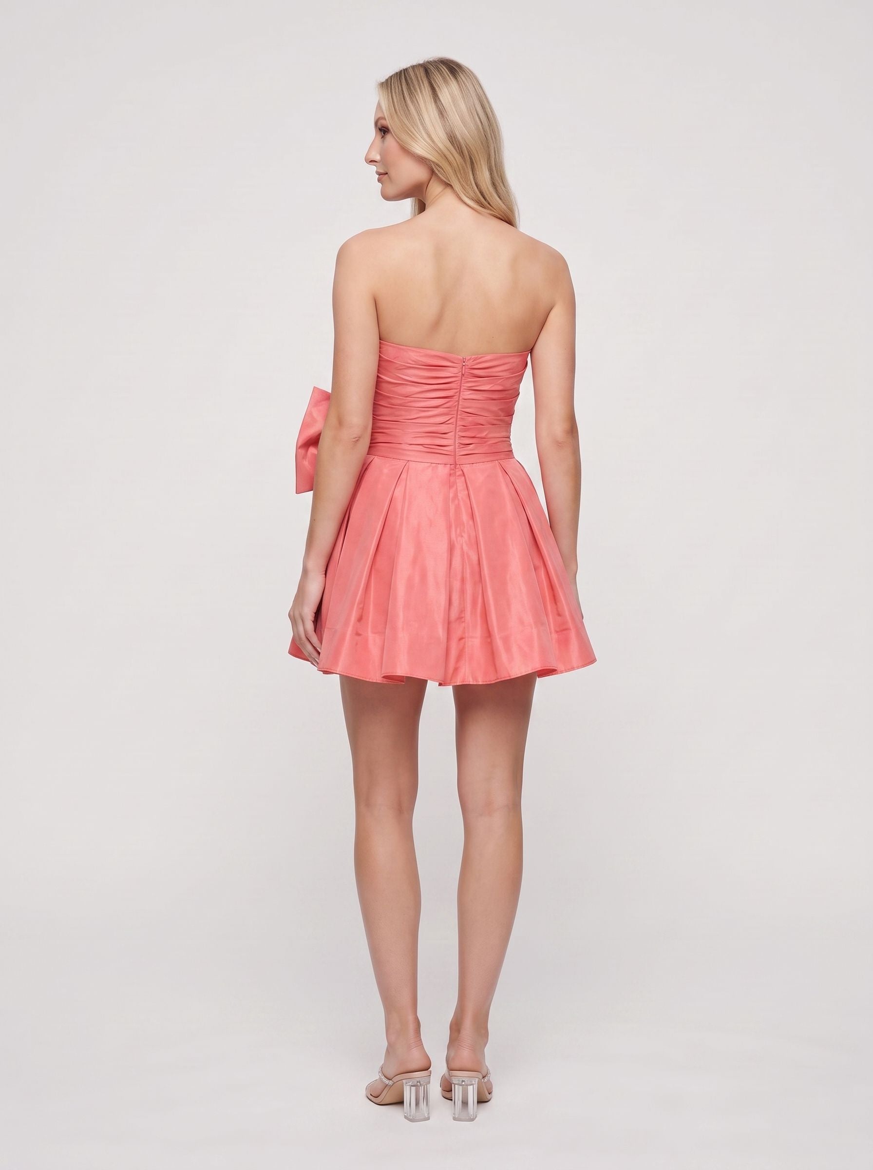 Coral Satin A-Line Straight Neck Back Zip Short Dress with Oversized Waist Bow