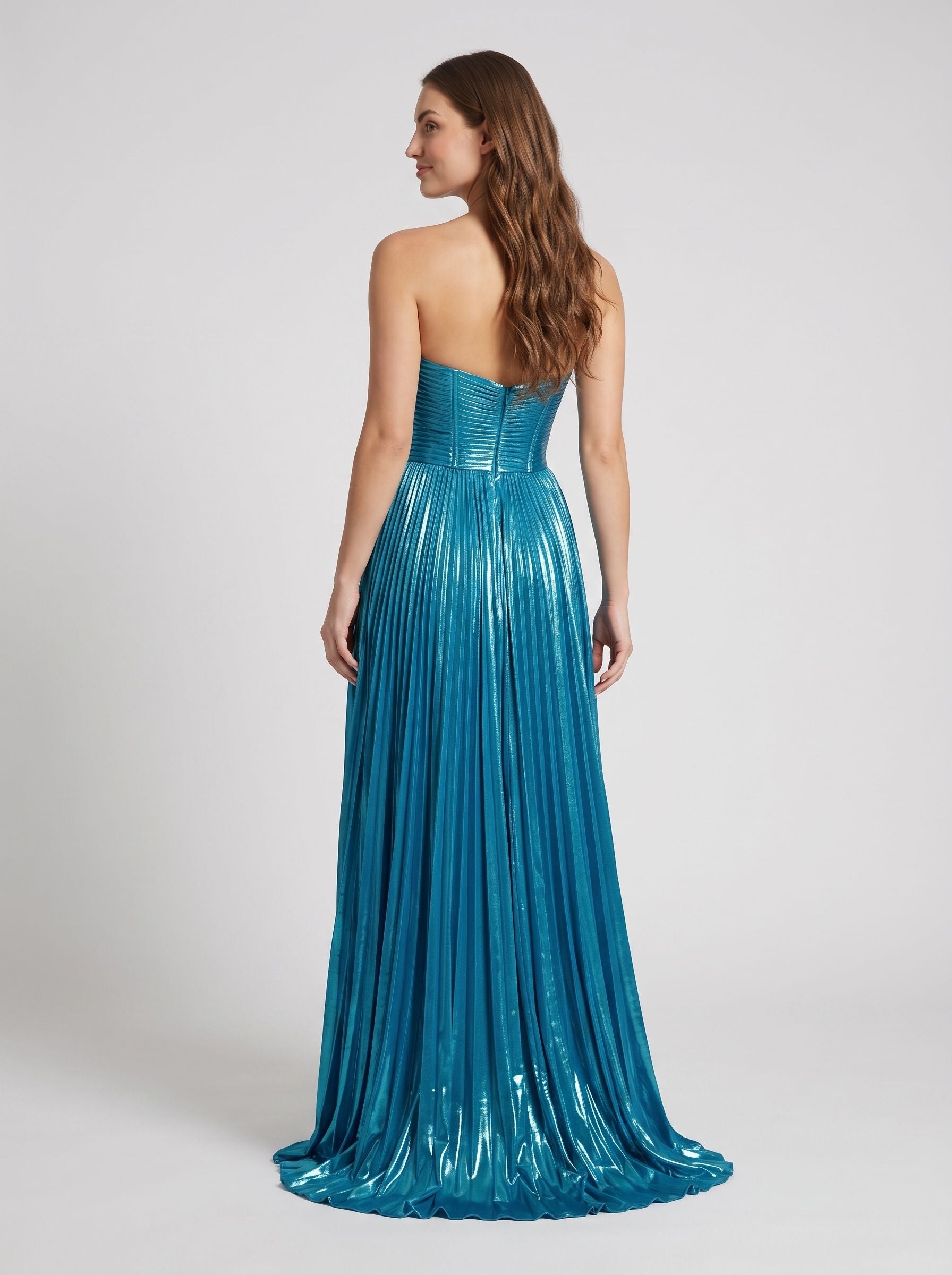 Peacock Blue Satin A-Line Sweetheart Back Zip Floor-Length Dress with High Slit and Cutout