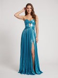 Peacock Blue Satin A-Line Sweetheart Back Zip Floor-Length Dress with High Slit and Cutout