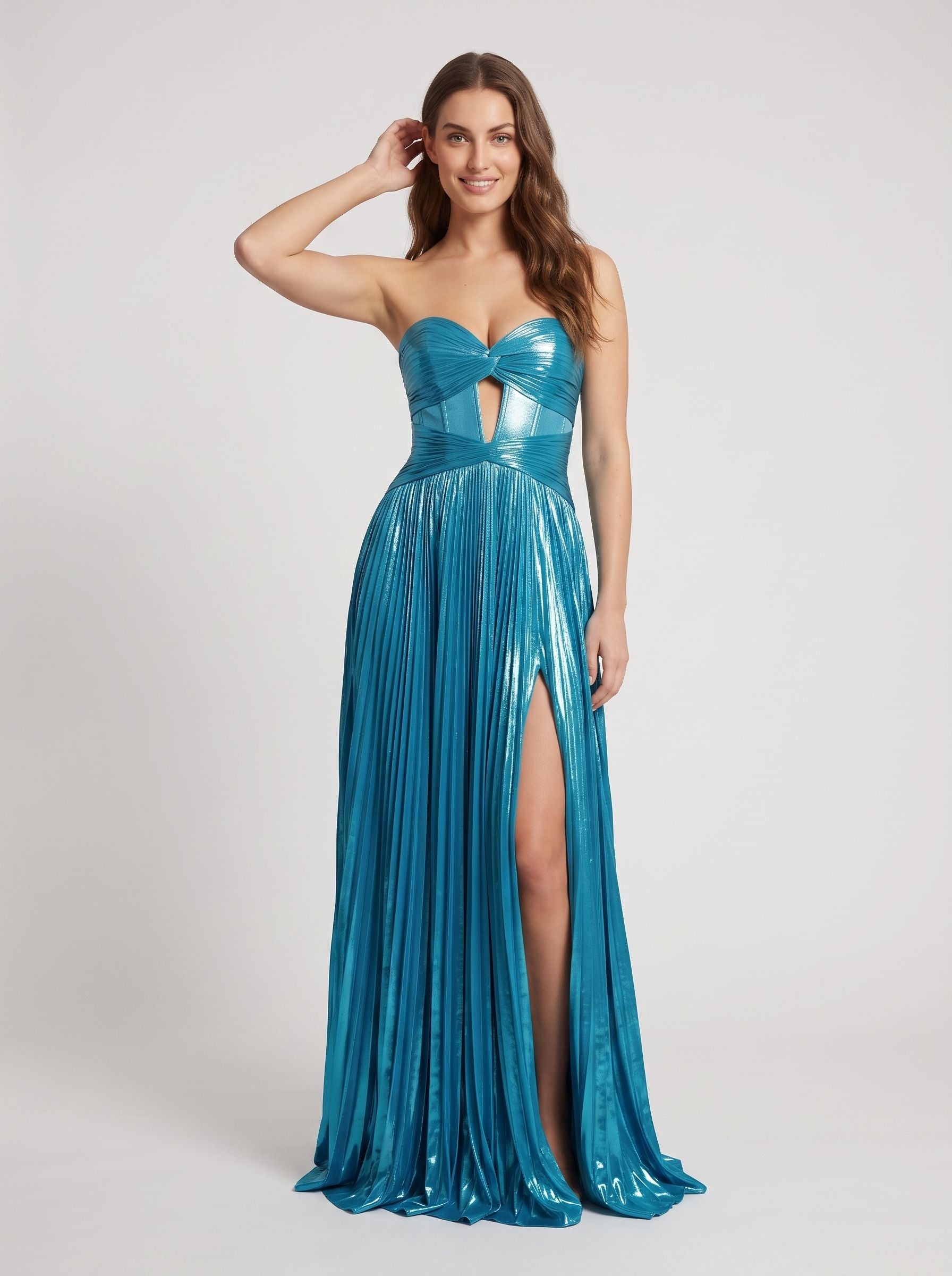Peacock Blue Satin A-Line Sweetheart Back Zip Floor-Length Dress with High Slit and Cutout