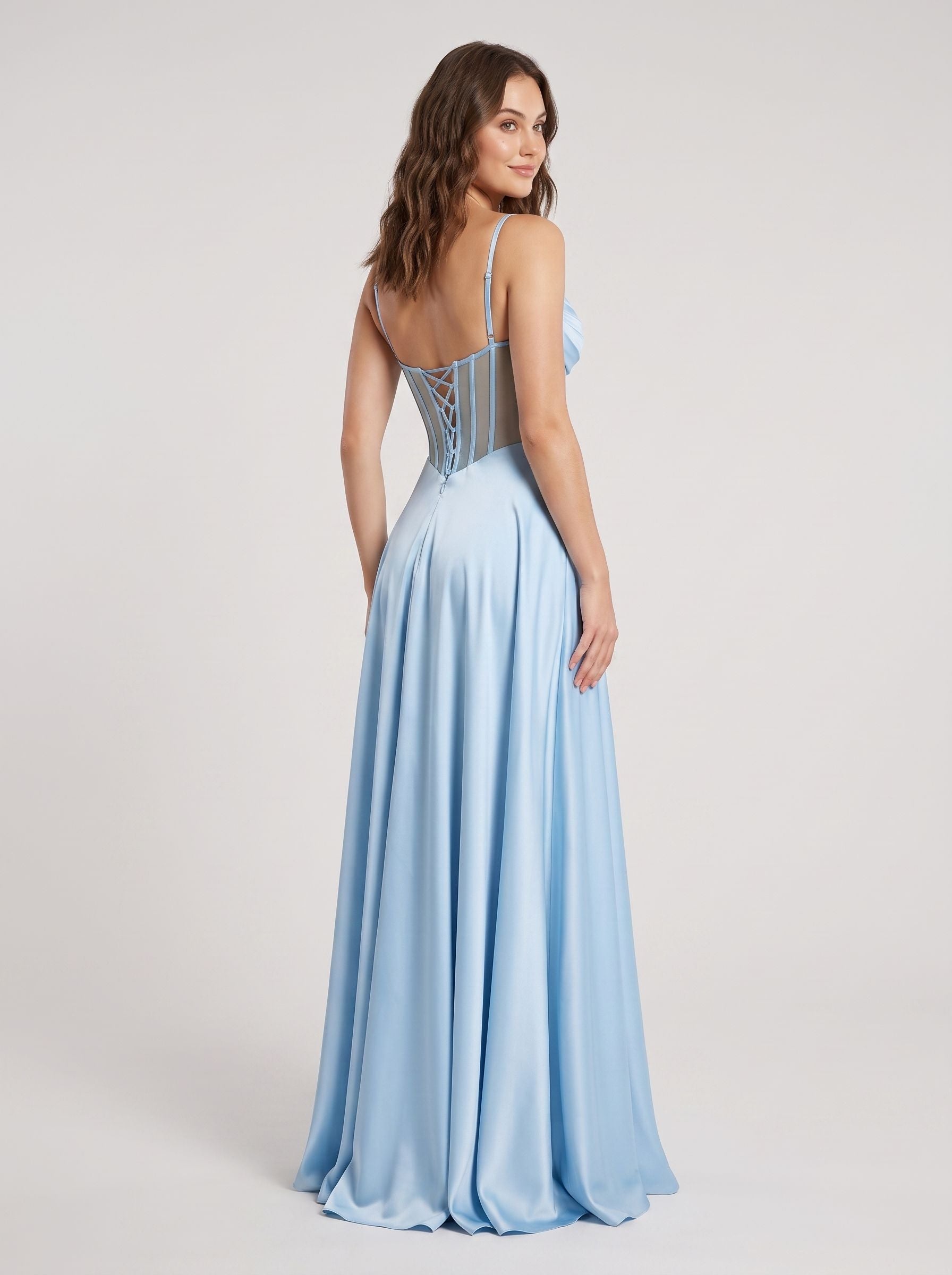 Sky Blue Satin A-Line V-Neck Lace-up Floor-Length Dress with Sheer Bodice & Pockets