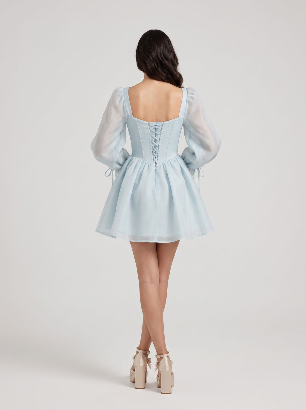 Mist Satin A-Line Sweetheart Corset Back Short Dress with Sheer Long Sleeves
