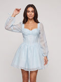 Mist Satin A-Line Sweetheart Corset Back Short Dress with Sheer Long Sleeves