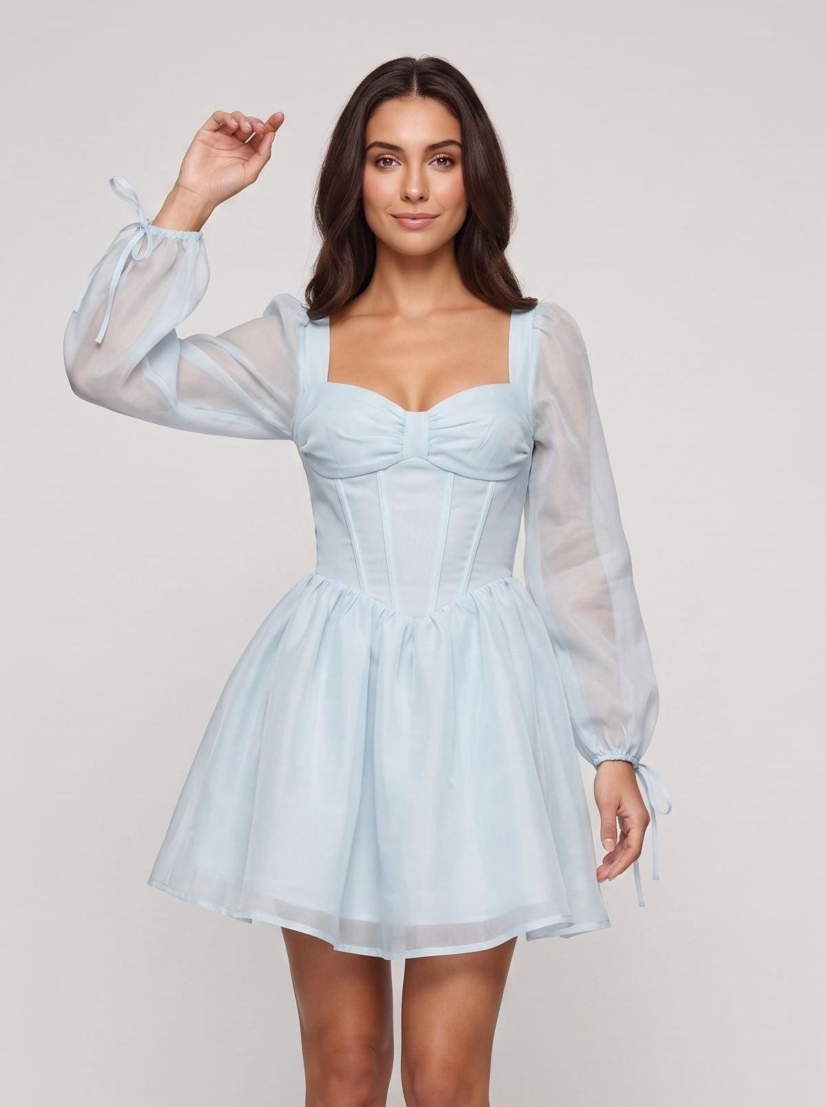 Mist Satin A-Line Sweetheart Corset Back Short Dress with Sheer Long Sleeves