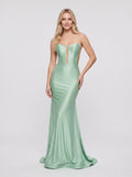 Mint Green Satin Mermaid Straight Neck Back Zip Floor-Length Dress with Flowing Train
