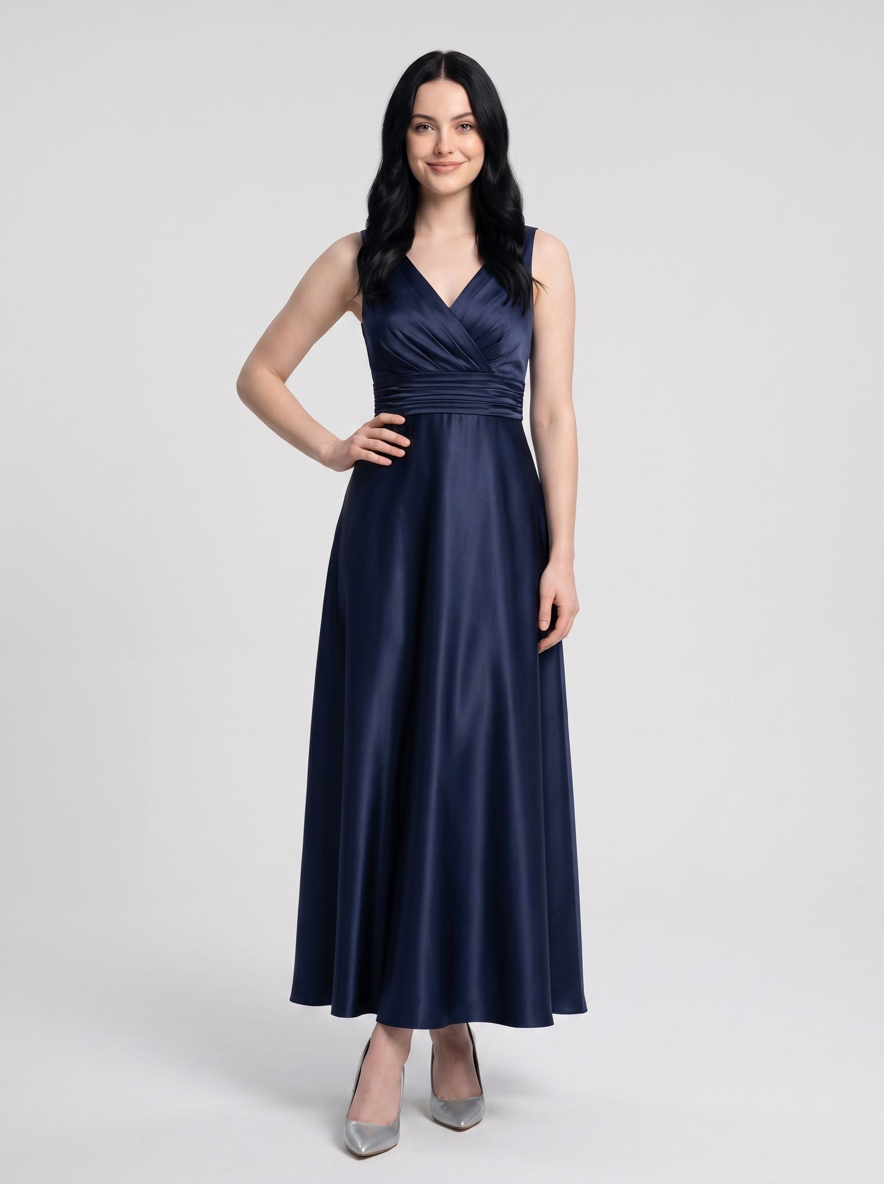 Dark Navy Satin A-Line V-Neck V-Back Floor-Length Dress with Pleated Bodice and Pockets