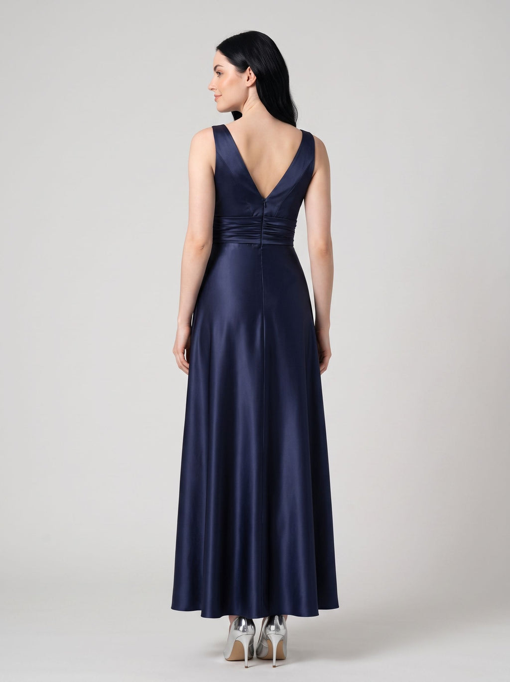 Dark Navy Satin A-Line V-Neck V-Back Floor-Length Dress with Pleated Bodice and Pockets