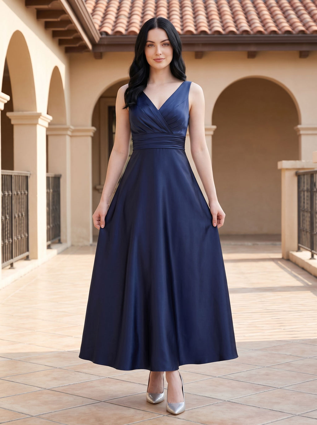 Dark Navy Satin A-Line V-Neck V-Back Floor-Length Dress with Pleated Bodice and Pockets