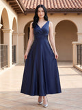Dark Navy Satin A-Line V-Neck V-Back Floor-Length Dress with Pleated Bodice and Pockets