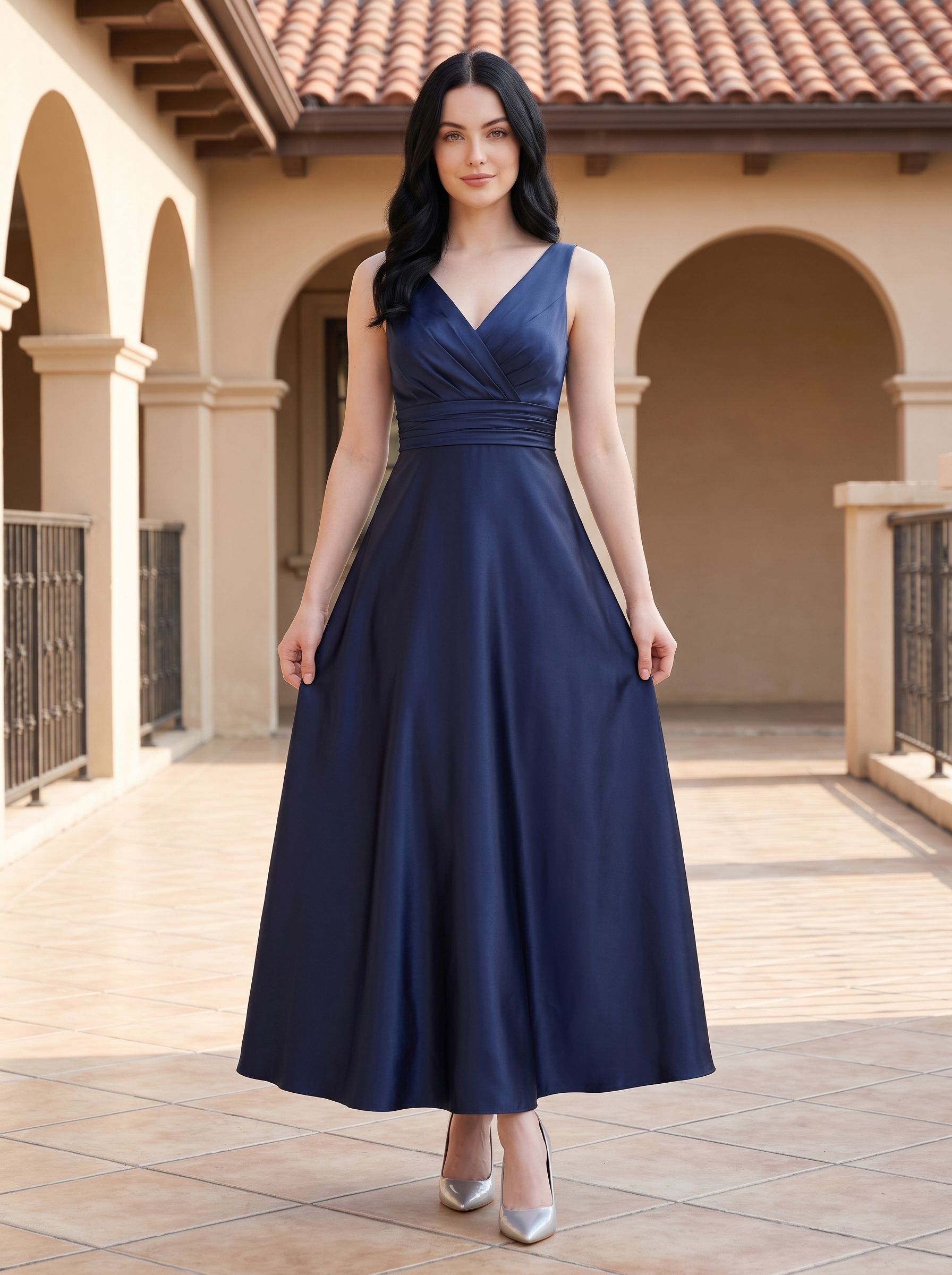 Dark Navy Satin A-Line V-Neck V-Back Floor-Length Dress with Pleated Bodice and Pockets