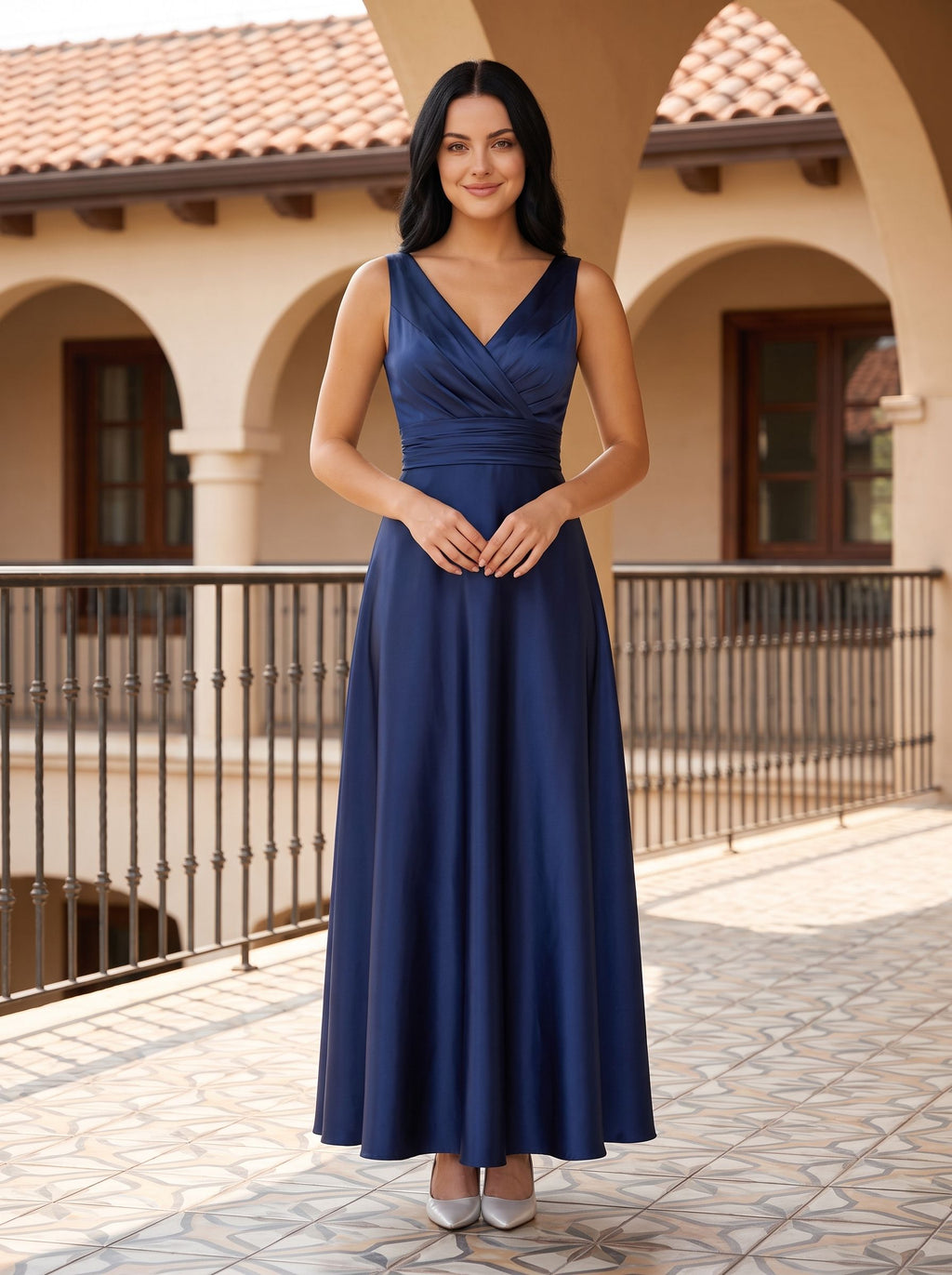 Dark Navy Satin A-Line V-Neck V-Back Floor-Length Dress with Pleated Bodice and Pockets