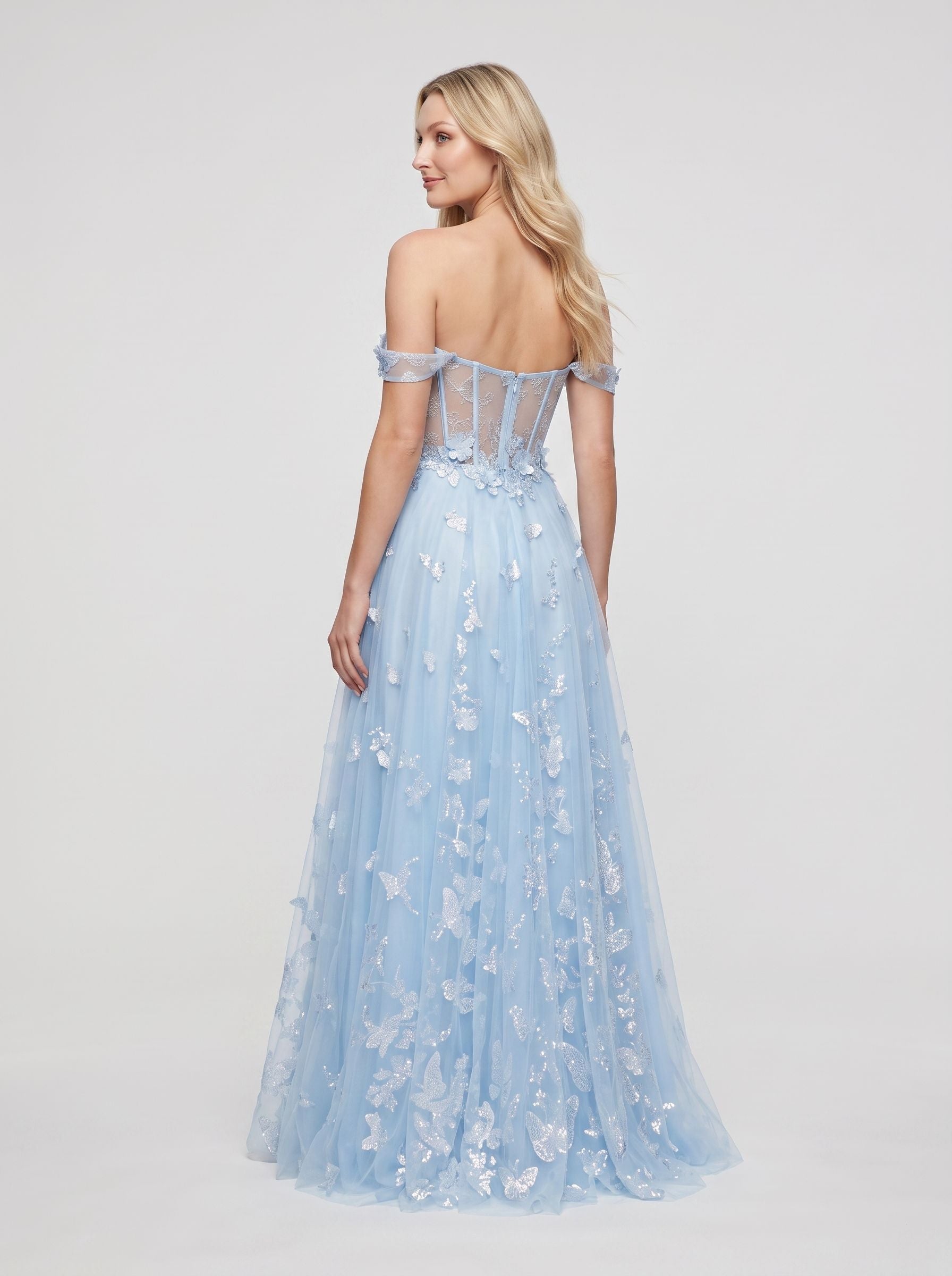 Sky Blue Tulle A-Line Off-the-Shoulder Lace-up Floor-Length Dress 