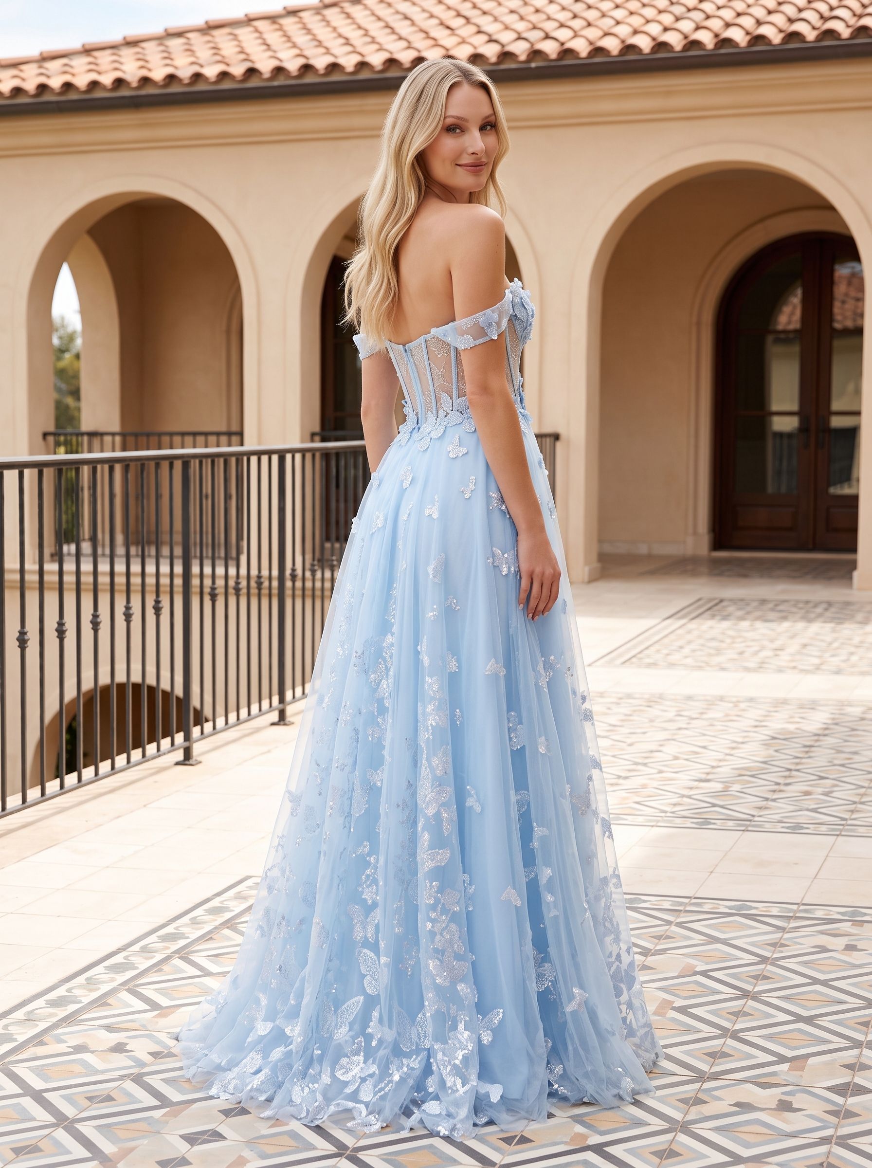 Sky Blue Tulle A-Line Off-the-Shoulder Lace-up Floor-Length Dress 