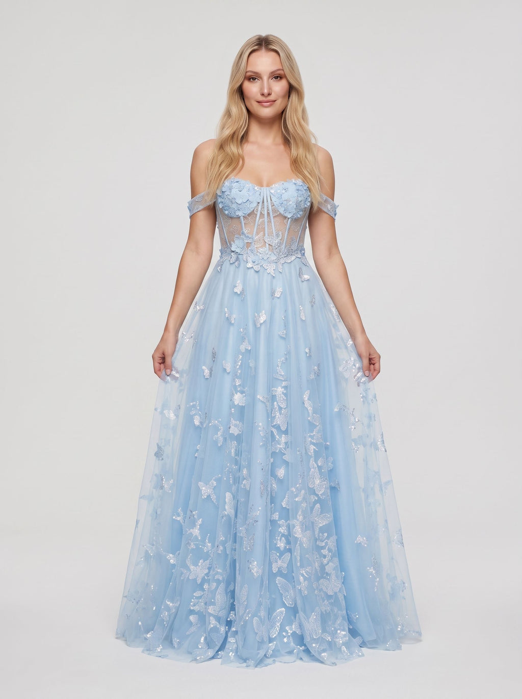 Sky Blue Tulle A-Line Off-the-Shoulder Lace-up Floor-Length Dress 