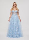 Sky Blue Tulle A-Line Off-the-Shoulder Lace-up Floor-Length Dress 