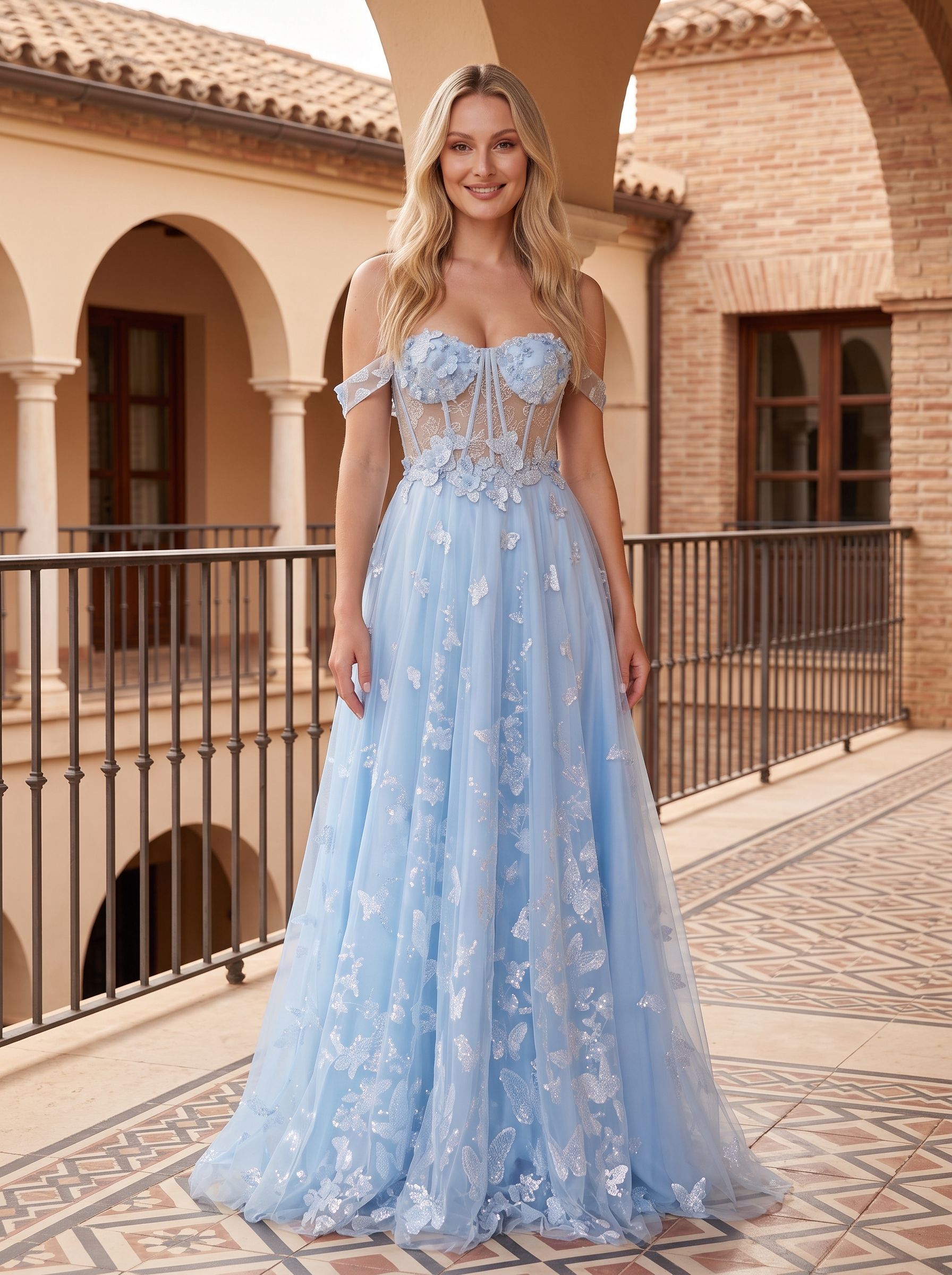 Sky Blue Tulle A-Line Off-the-Shoulder Lace-up Floor-Length Dress 