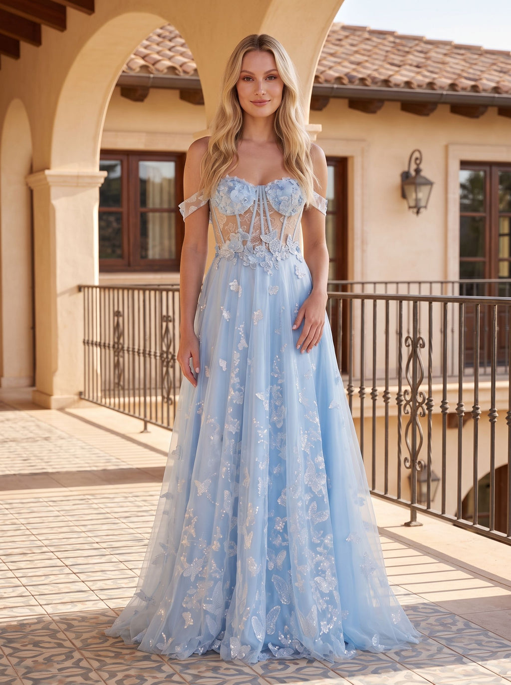 Sky Blue Tulle A-Line Off-the-Shoulder Lace-up Floor-Length Dress 