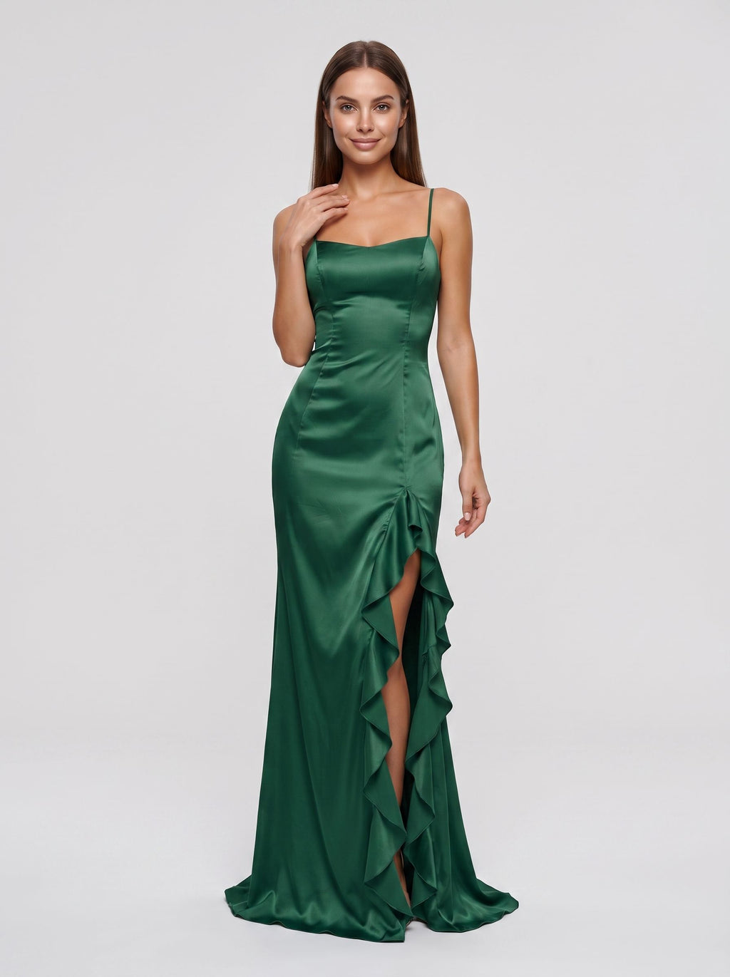 Emerald Green Satin A-Line Straight Neck Backless Floor-Length Dress with Cascading Ruffles and Slit