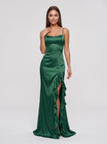Emerald Green Satin A-Line Straight Neck Backless Floor-Length Dress with Cascading Ruffles and Slit