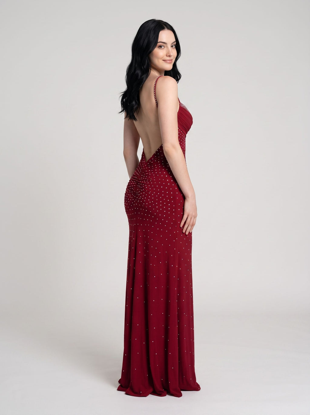   Red Stretch Knit Sheath Sweetheart Backless Floor-Length Dress with Rhinestones