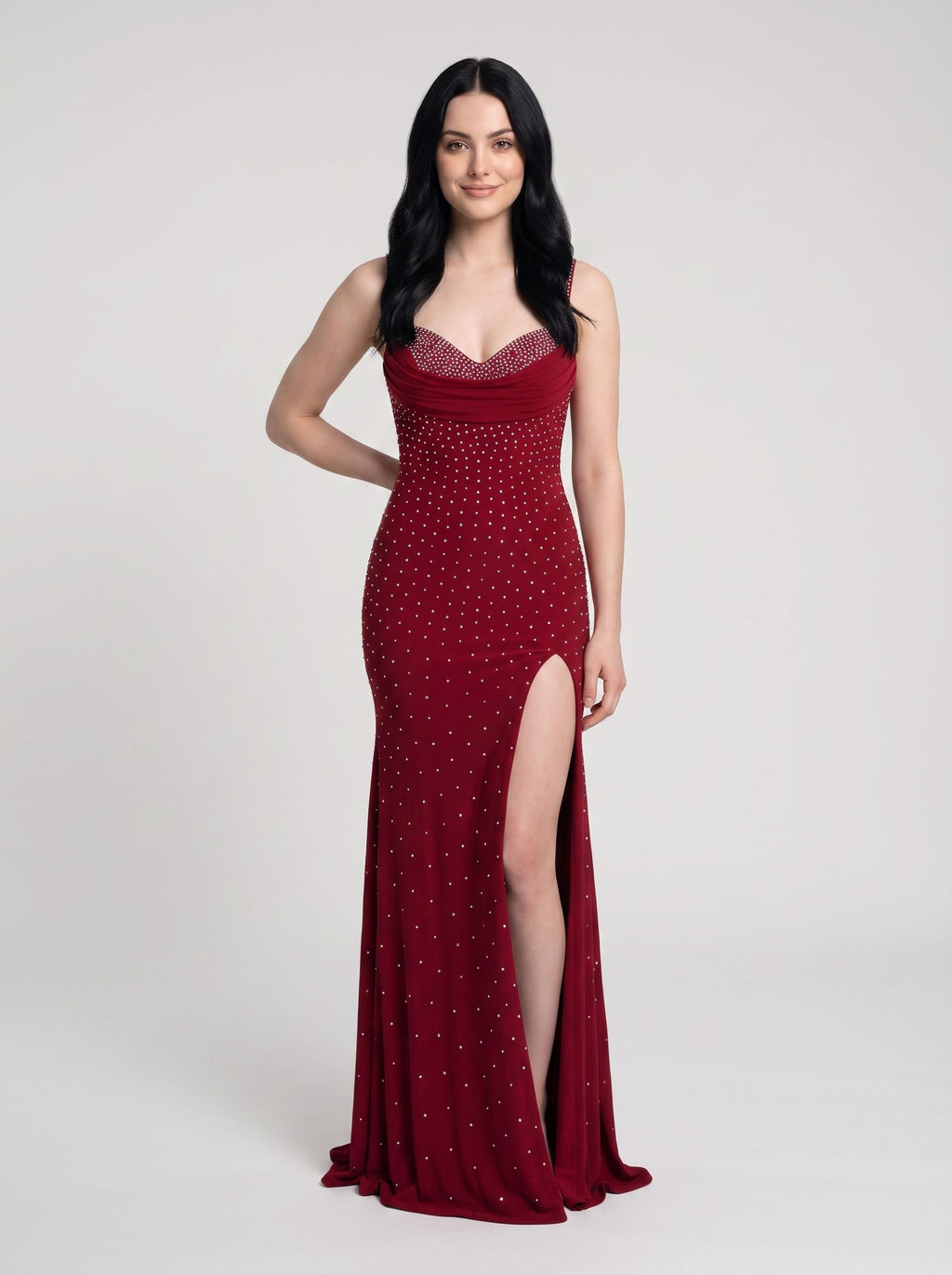   Red Stretch Knit Sheath Sweetheart Backless Floor-Length Dress with Rhinestones