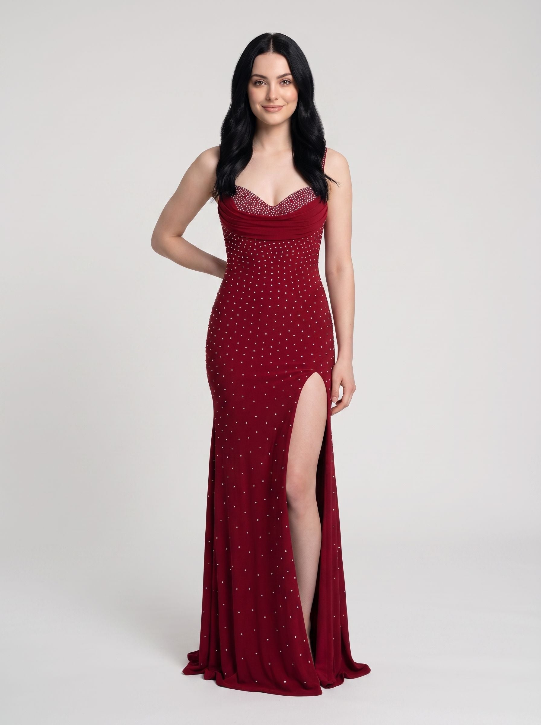   Red Stretch Knit Sheath Sweetheart Backless Floor-Length Dress with Rhinestones
