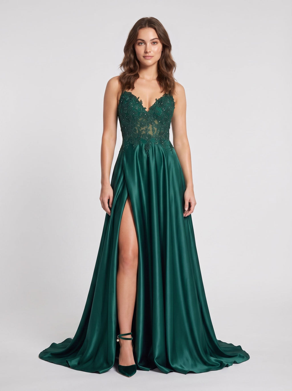 Emerald Satin A-Line V-Neck Corset Back Floor-Length Dress with Side Slit