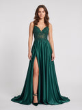 Emerald Satin A-Line V-Neck Corset Back Floor-Length Dress with Side Slit