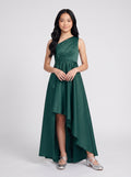 Emerald Satin A-Line One Shoulder Side Zip Short Dress with Pleated Bodice